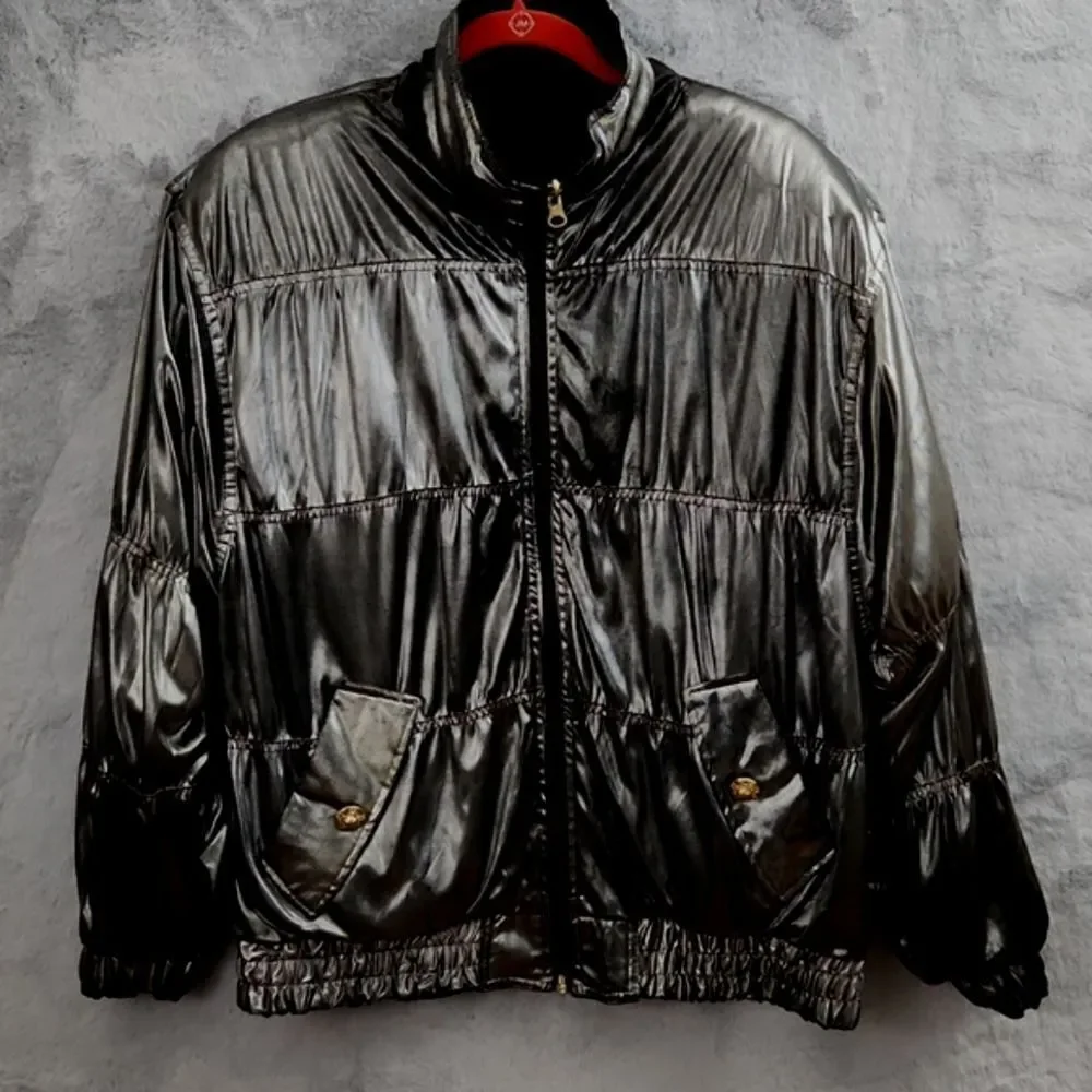 Vintage Reversible Black Metallic Windbreaker Jacket Full Zip Oversized